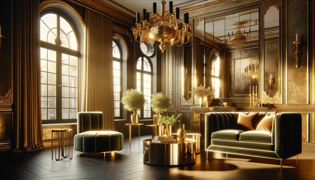 An opulent and sophisticated interior design scene focusing on brass as the main element. The setting is a modern living room during golden hour